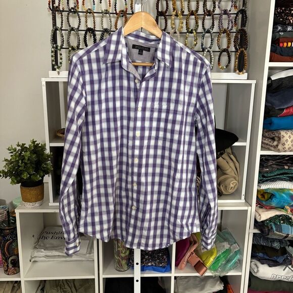 BANANA REPUBLIC Purple Checkered Men's button down shirt mens medium gingham - Picture 3 of 5